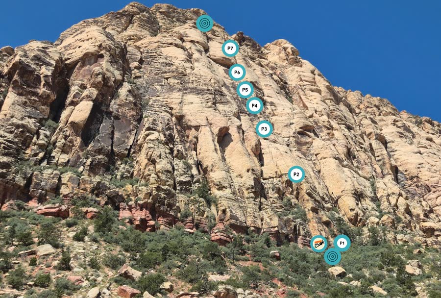 A 360° topo of Group Therapy in Red Rocks, with pitch and rappel labels overlaid on the rock
