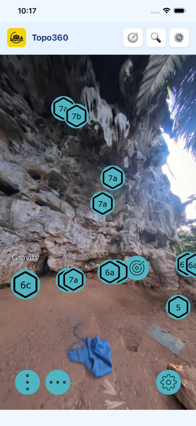 Topo360 crag view with route grade markers