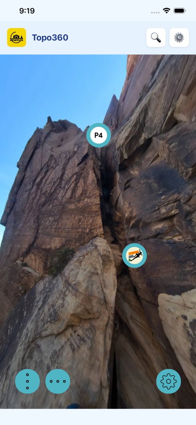 Topo360 pitch view showing a belay station marker